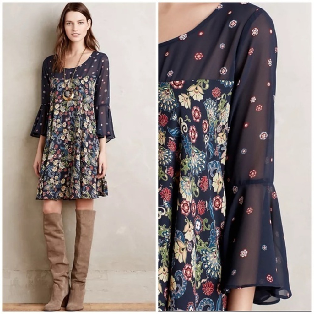 💋Anthropologie paper crown swing Navy Floral Mini Dress size S petite
